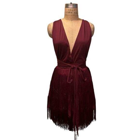 Deep V-Neck Cross Back Fringed Skirt Romper Jumpsuit Burgandy Size L - Picture 3 of 16